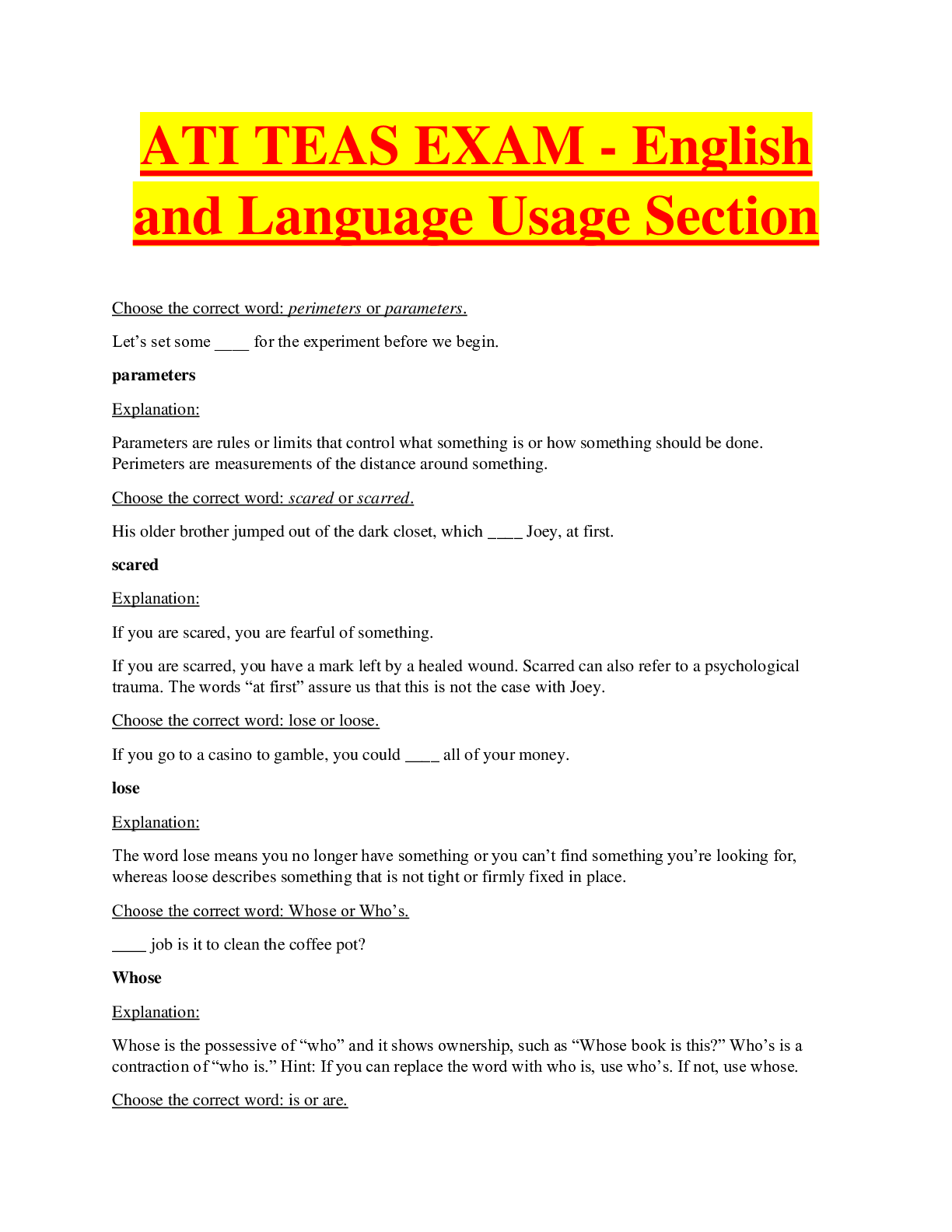 Preview image for ATI TEAS EXAM - English and Language Usage Section Let’s set some ____ for the experiment before we begin.